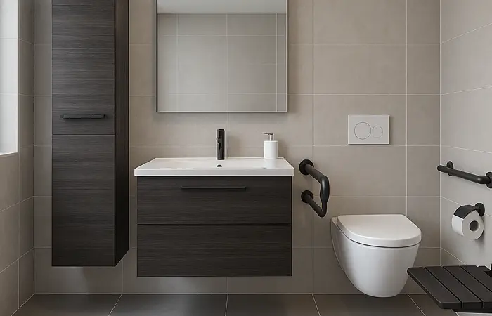 Detailaufnahme eines barrierefreien Bads mit bodengleicher Dusche, rutschfesten Fliesen und festinstalliertem Duschsitz durch DMK Bau Reichelsheim.