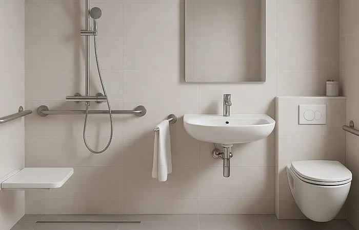 Barrierefreie Badlösung von DMK Bau Reichelsheim - seniorengerechtes Bad mit bodengleicher Dusche, Haltegriffen und rutschfestem Bodenbelag.