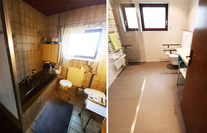 Barrierefreier Badezimmerumbau von DMK Bau Reichelsheim - bodengleiche Dusche mit rutschfestem Boden und Haltegriffen.