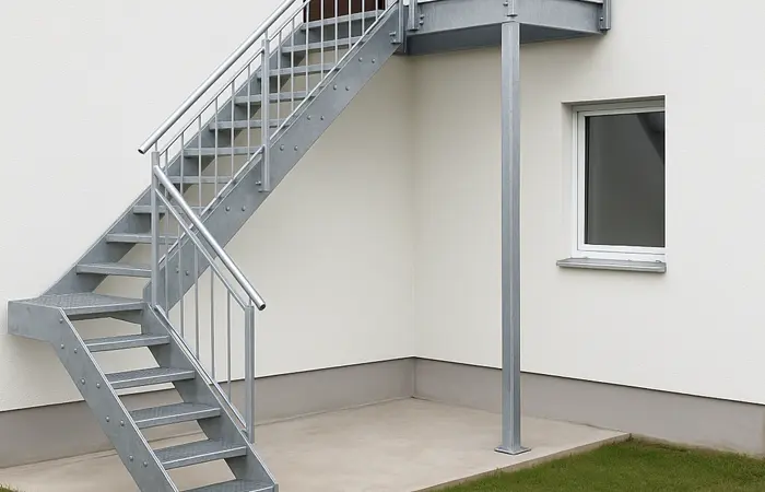 Detailaufnahme Treppenbau mit massiven Holzstufen und Geländer durch DMK Bau Reichelsheim.